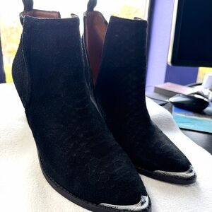 Jeffrey Campbell Black Textured Ankle Boots with Silver Tips